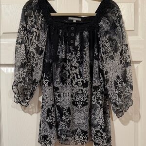 NY Collection Black and White Printed Peasant Blouse